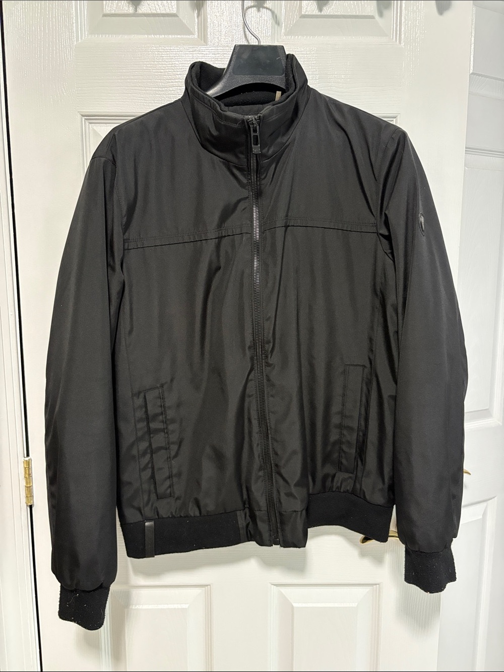 Andrew Marc Black Bomber Jacket with Stand Collar